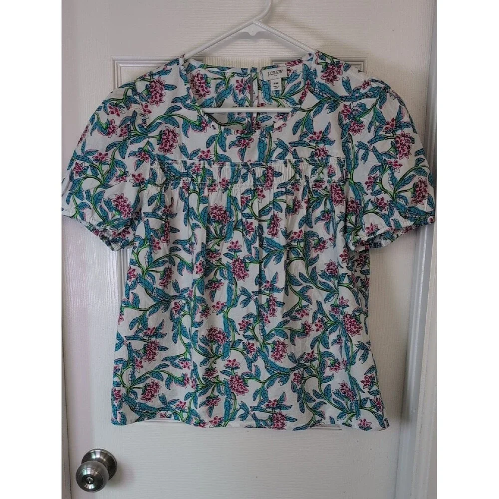 J. Crew 100% Cotton White Floral Puff-Sleeve Blouse Size PM